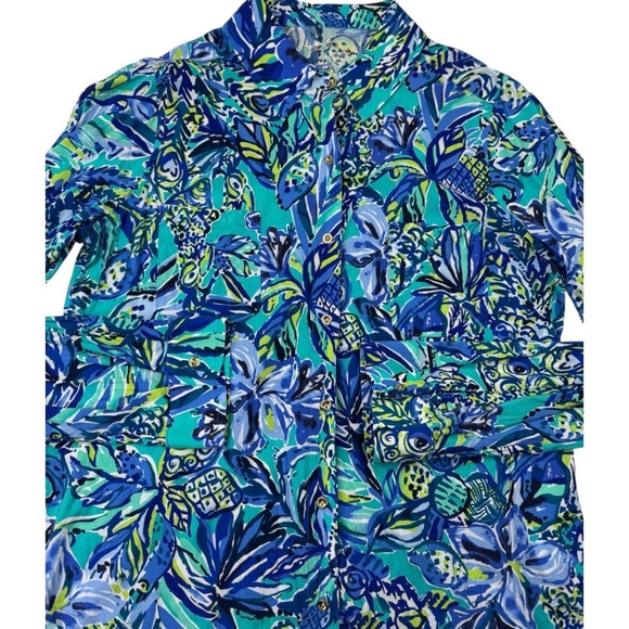 Vibrant Lilly Pulitzer Blue & Green Notched Collar Button-Down Shirt - Picture 10 of 13
